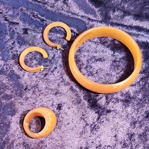 Braclett, Ring & Pierced Earring Set Orange Agate Ring Lucite